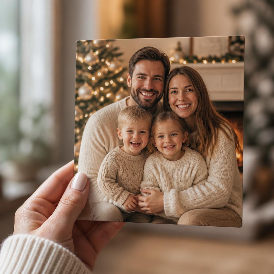 Hand holding a premium 5 by 7 Christmas card printed with a family portrait
