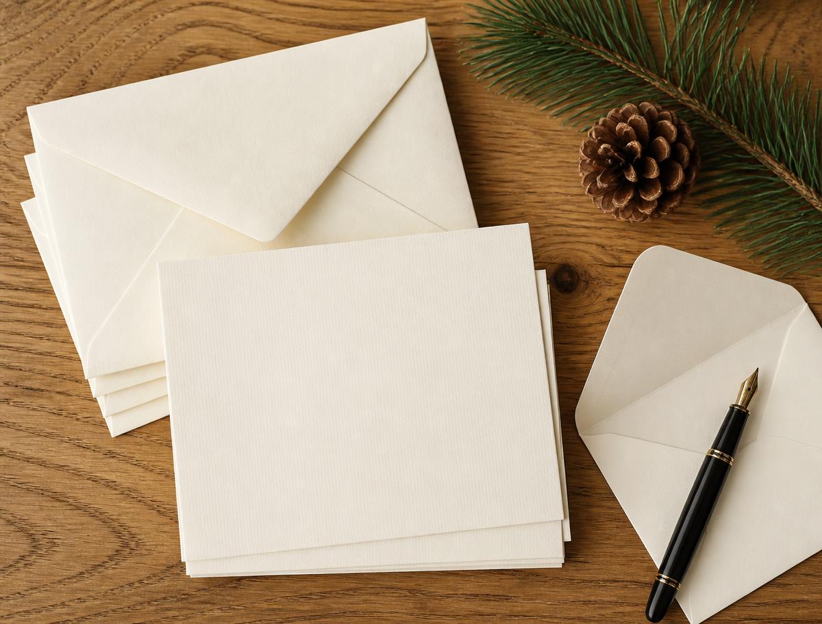 Cream 5 by 7 cards and matching envelopes laid out on an oak table with a pine sprig