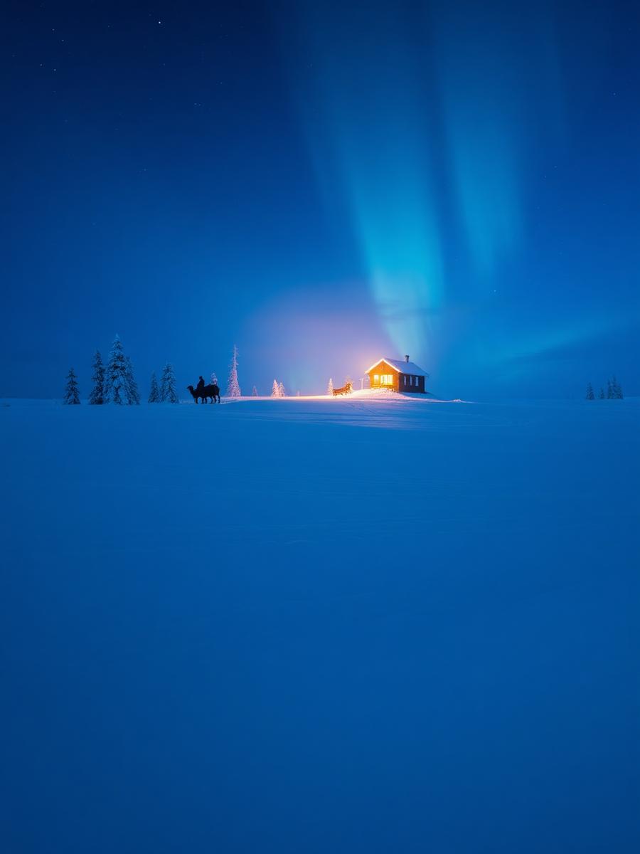 Snowy North Pole landscape at dusk with a lantern-lit cabin