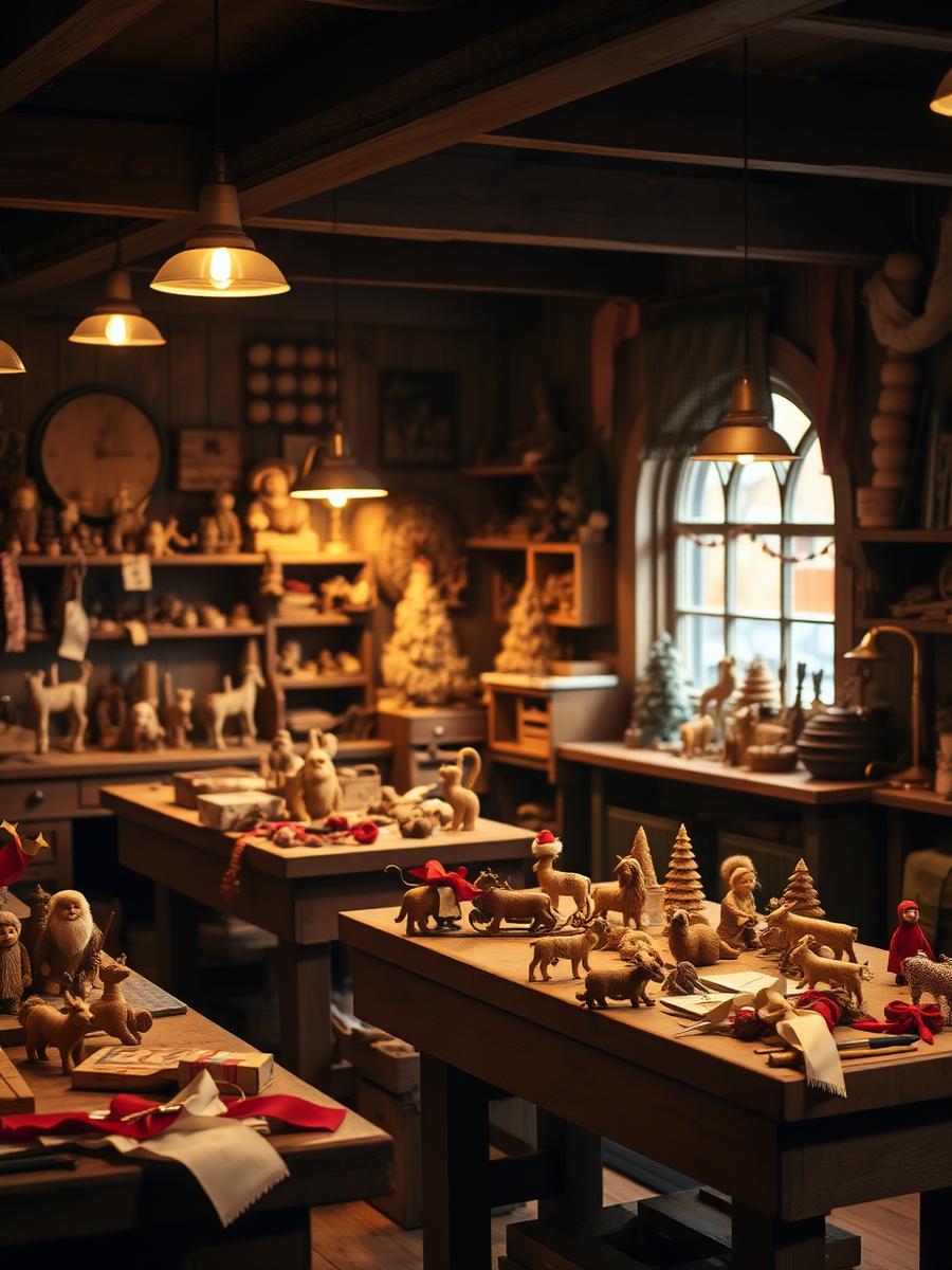 Santa's workshop with hand-carved wooden toys under warm lamplight